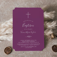 Minimal Leaf | Berry Purple Baptism Invitation