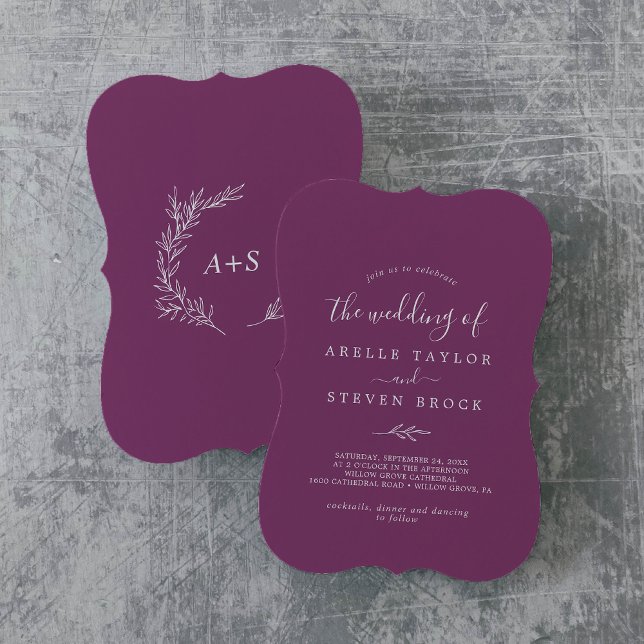 Minimal Leaf | Berry Purple Monogram Back Wedding Invitation (Creator Uploaded)