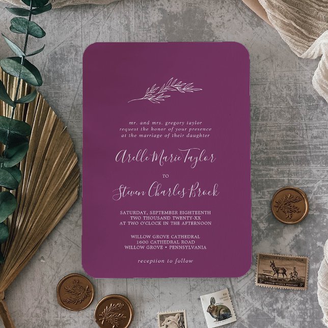 Minimal Leaf | Berry Purple Traditional Wedding Invitation (Creator Uploaded)