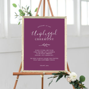 Minimal Leaf Berry Purple Unplugged Ceremony Sign