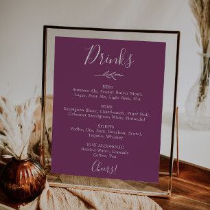 Minimal Leaf   Berry Purple Wedding Drinks Menu Poster