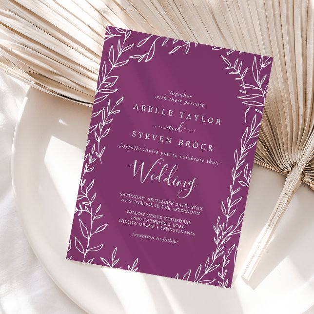 Minimal Leaf | Berry Purple Wedding Invitation (Creator Uploaded)