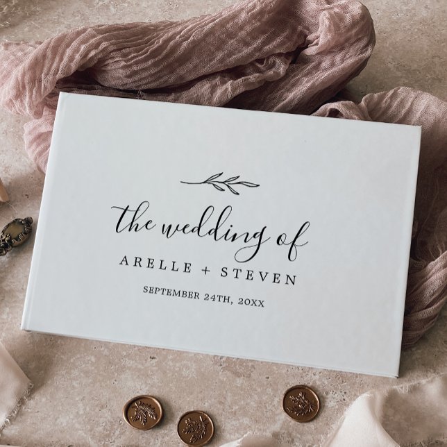 Minimal Leaf Black and White Monogram Back Wedding Guest Book (Creator Uploaded)