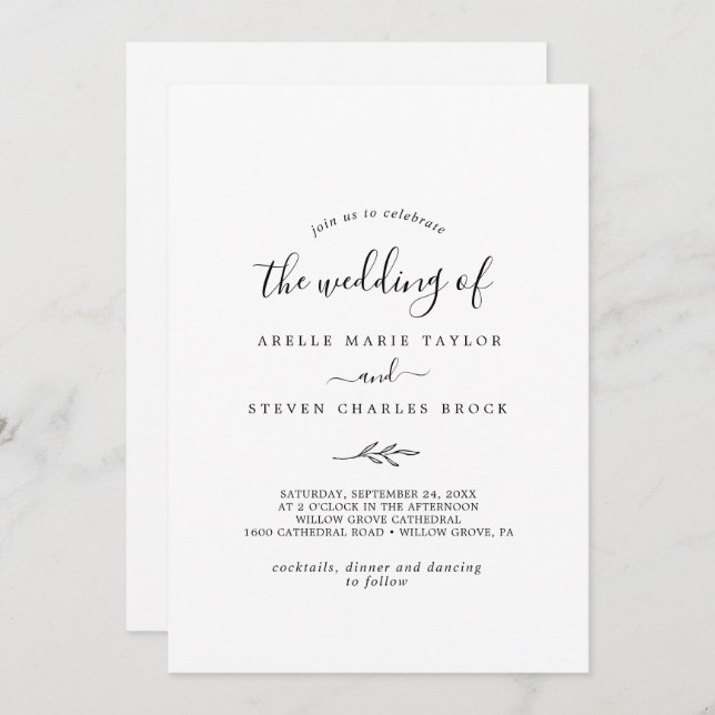 Minimal Leaf | Black and White Wedding Invitation (Front/Back)