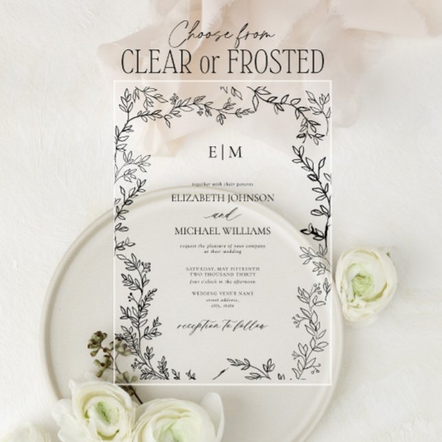 Minimal Leaf Black White Elegant Monogram Wedding Acrylic Invitations (Creator Uploaded)