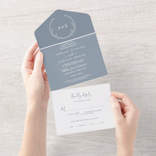 Minimal Leaf Blue and White All In One Invitation