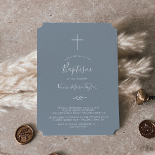 Minimal Leaf Blue and White Baptism Invitation