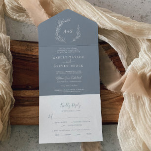 Minimal Leaf   Blue and White Wedding All In One Invitation