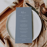 Minimal Leaf | Blue and White Wedding Dinner Menu<br><div class="desc">This minimal leaf blue and white wedding dinner menu card is perfect for an elegant wedding. The design features a simple greenery silhouette in white on a dusty blue background with classic minimalist style. This menu can be used for a wedding reception,  rehearsal dinner,  or any event.</div>