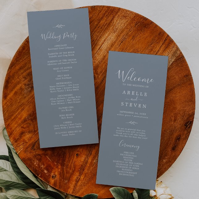 Minimal Leaf | Blue and White Wedding Program Programme (Creator Uploaded)