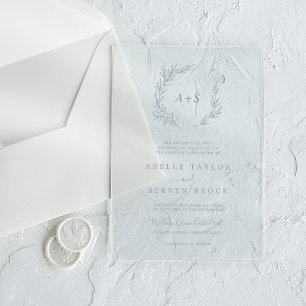 Minimal Leaf Blue Monogram Greenery Boho Wedding Acrylic Invitations