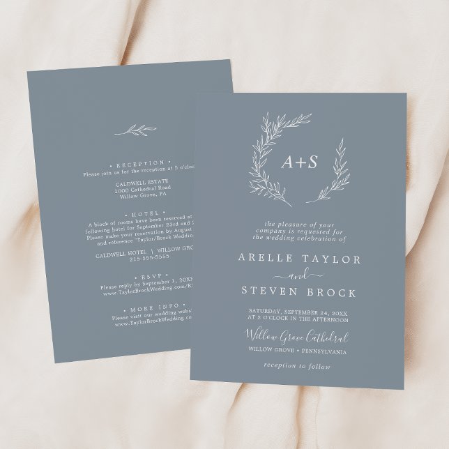 Minimal Leaf | Blue & White All In One Wedding Invitation (Creator Uploaded)