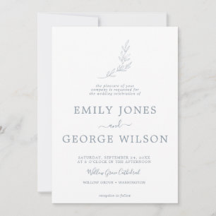 Minimal leaf Blue & White Formal Monogram Wedding Invitation