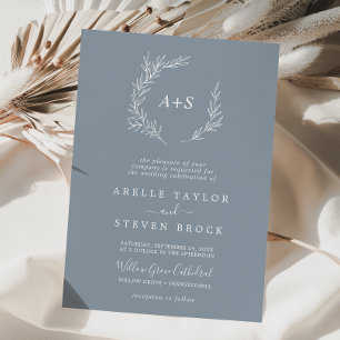 Minimal Leaf Blue & White Formal Monogram Wedding Invitation