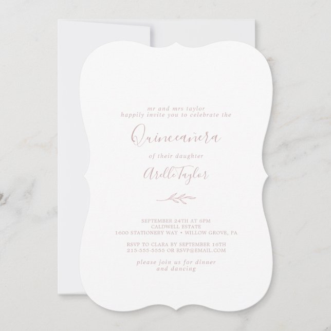 Minimal Leaf | Blush Pink Quinceañera Invitation (Front)