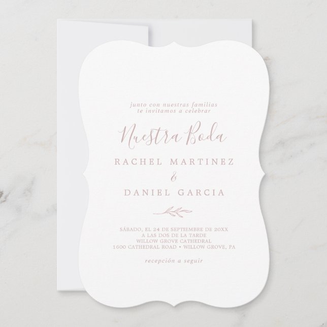 Minimal Leaf | Blush Pink Spanish Nuestra Boda Invitation (Front)
