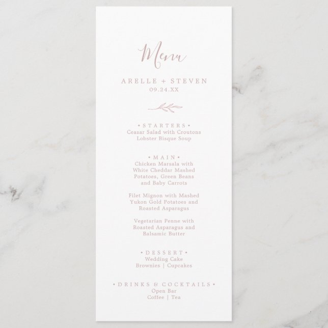 Minimal Leaf | Blush Pink Wedding Dinner Menu (Front)