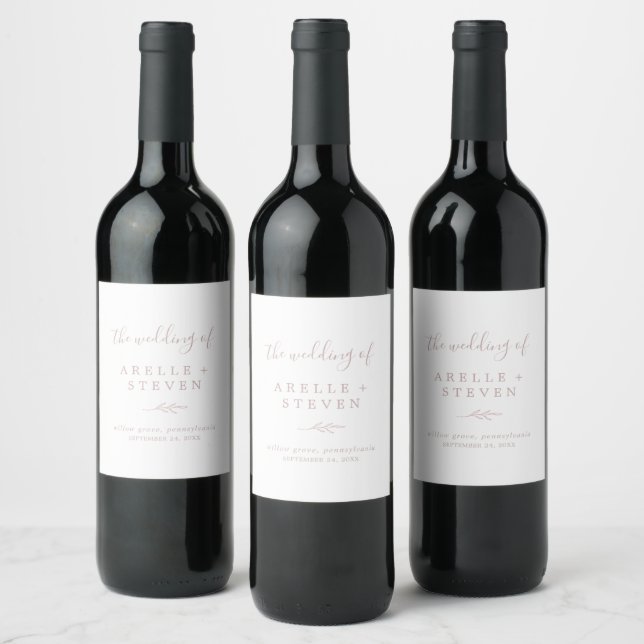 Minimal Leaf | Blush Pink Wedding Wine Label (Bottles)