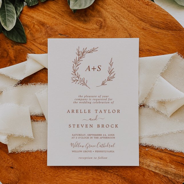 Minimal Leaf | Boho Cream Formal Monogram Wedding Invitation (Creator Uploaded)