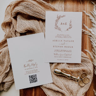 Minimal Leaf   Boho Cream Monogram QR Code Wedding Invitation