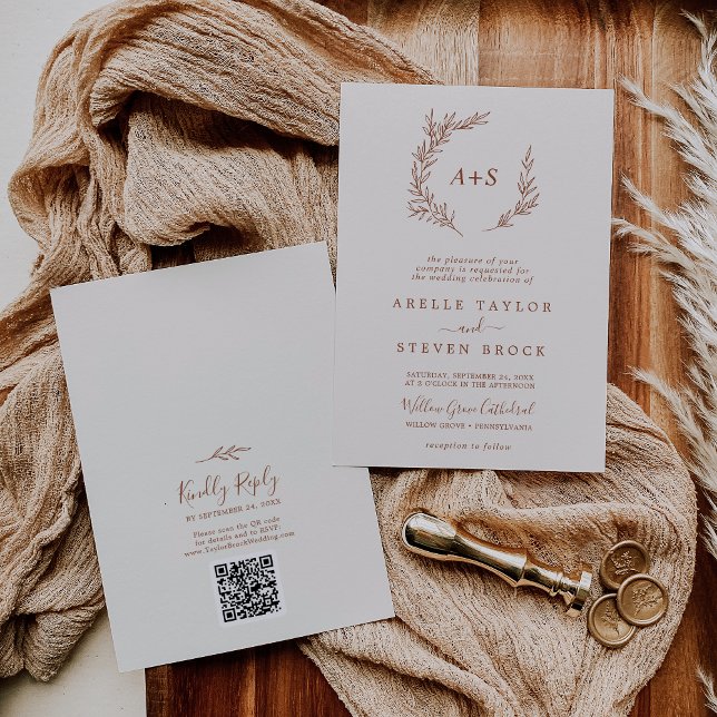 Minimal Leaf | Boho Cream Monogram QR Code Wedding Invitation (Creator Uploaded)
