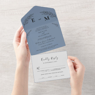 Minimal Leaf | Boho Dusty Blue Wedding  All In One Invitation