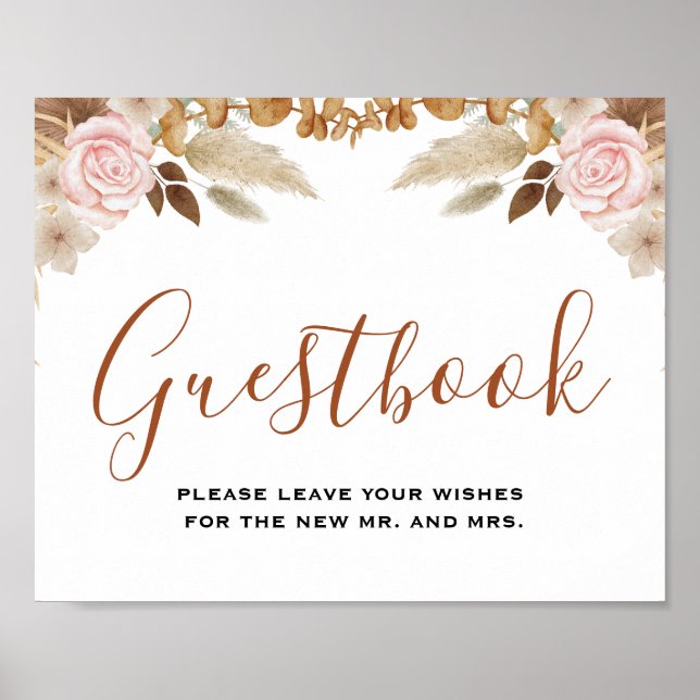 Minimal Leaf Boho Floral Wedding guestbook sign  (Front)