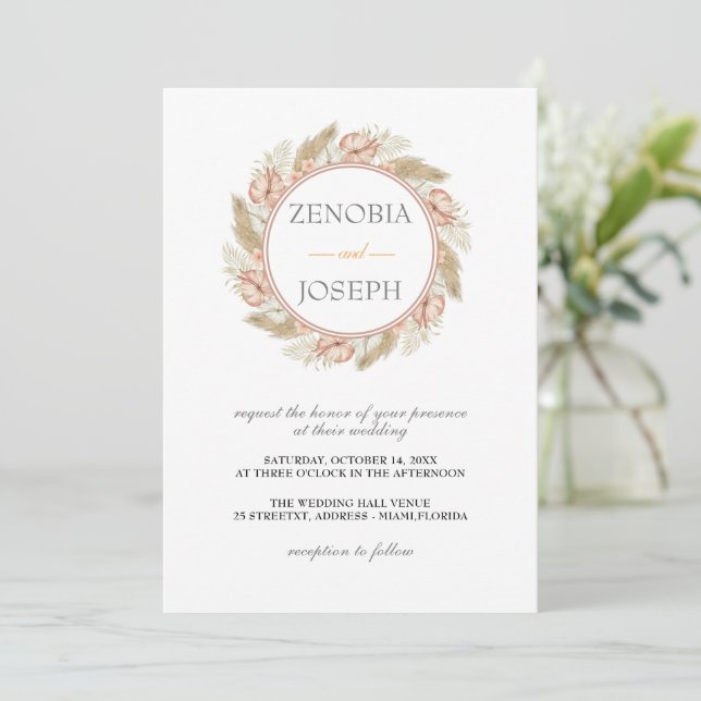 Minimal Leaf Boho Floral Wedding Invitation (Standing Front)