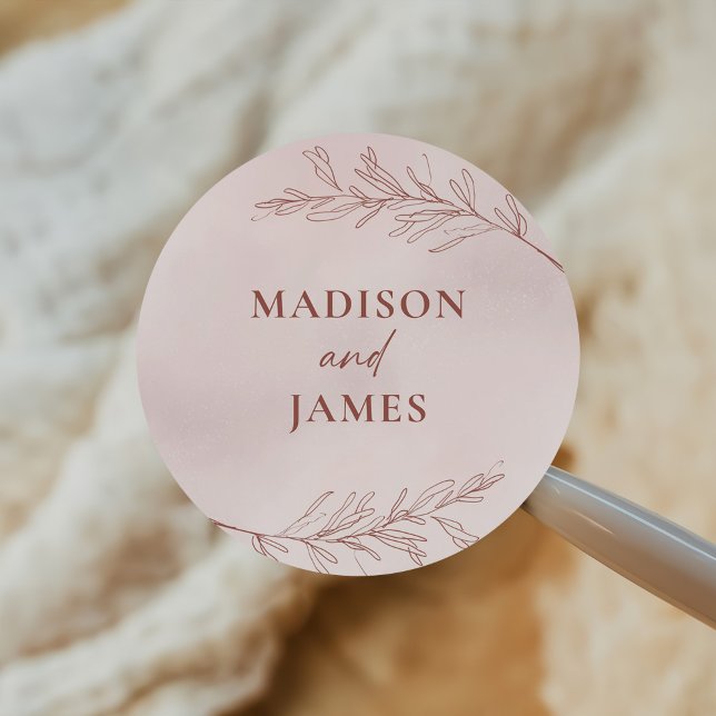 Minimal Leaf Boho Pink Elegant Wedding Classic Round Sticker (Creator Uploaded)