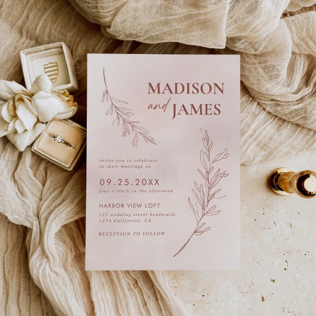 Minimal Leaf Boho Pink Elegant Wedding Invitation (Creator Uploaded)