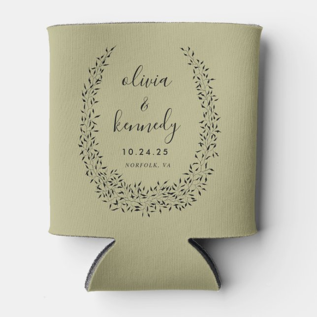Minimal Leaf | Botanical Wreath Custom Wedding Can Cooler (Front)