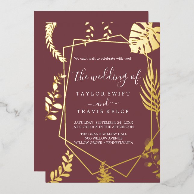 Minimal Leaf Burgundy and Gold Foil Wedding (Front/Back)