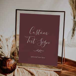 Minimal Leaf   Burgundy Custom Text Sign