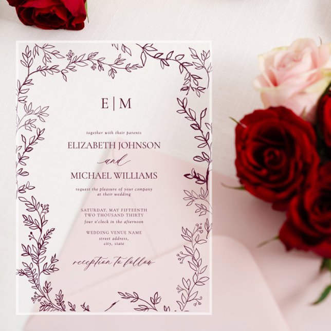 Minimal Leaf Burgundy Elegant Monogram Wedding Acrylic Invitations (Creator Uploaded)