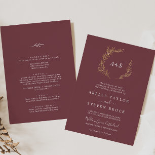 Minimal Leaf Burgundy Gold Foil All In One Wedding
