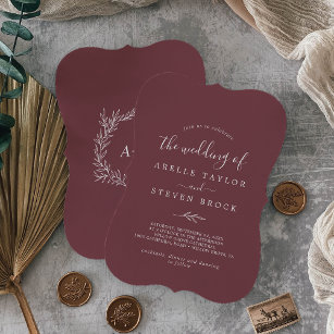 Minimal Leaf   Burgundy Monogram Back Wedding Invitation