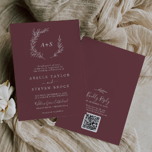 Minimal Leaf   Burgundy Monogram QR Code Wedding Invitation