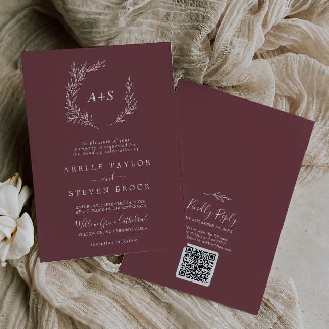 Minimal Leaf | Burgundy Monogram QR Code Wedding Invitation (Creator Uploaded)