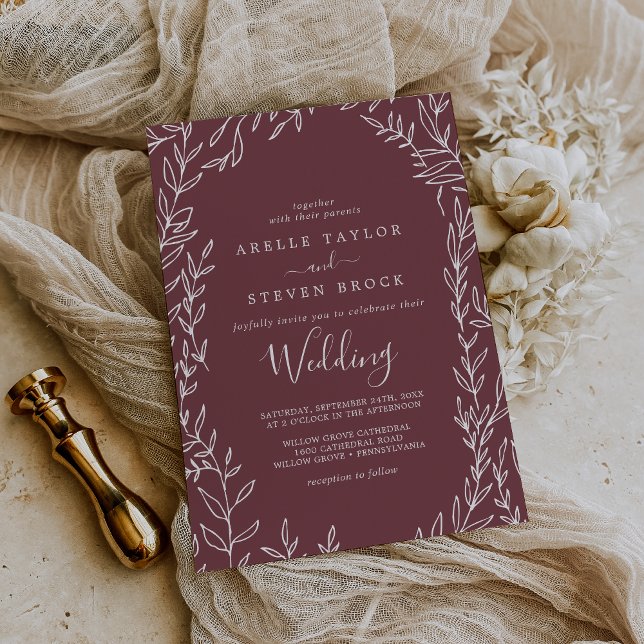 Minimal Leaf | Burgundy Wedding Invitation (Creator Uploaded)