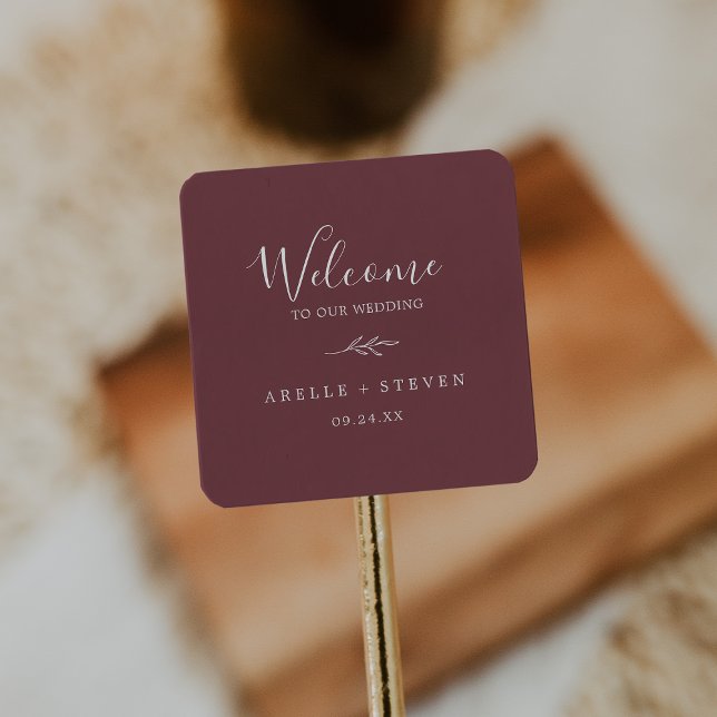 Minimal Leaf | Burgundy Wedding Welcome Square Sticker (Creator Uploaded)