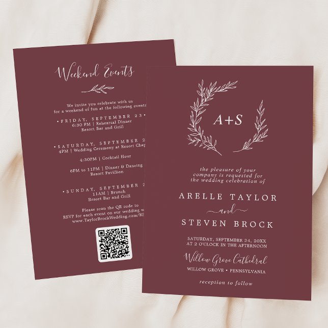 Minimal Leaf | Burgundy Weekend Events Wedding Invitation (Creator Uploaded)