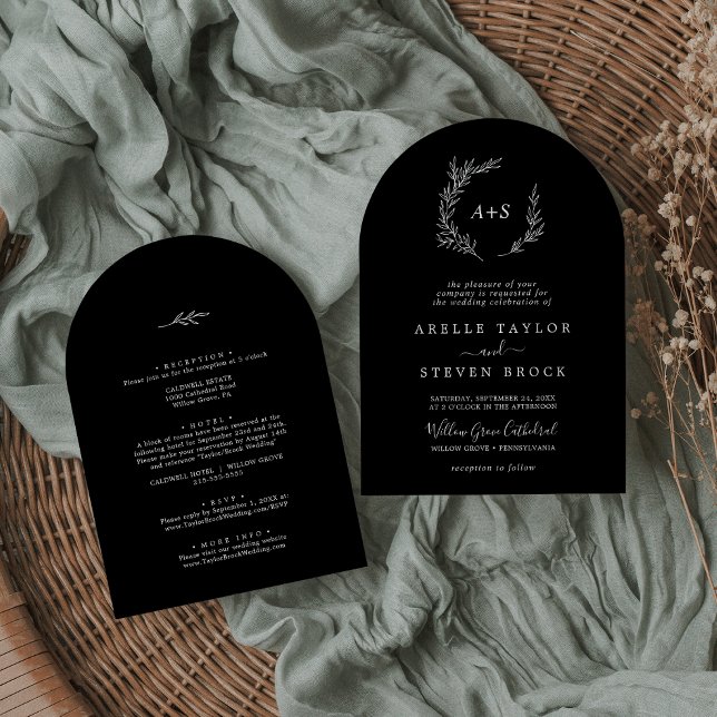 Minimal Leaf | Dark Black Arch All In One Wedding Invitation (Minimal Leaf | Dark Black Arch All In One Wedding Invitation)
