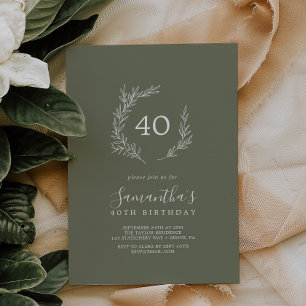 Minimal Leaf   Dark Green 40th Birthday Invitation