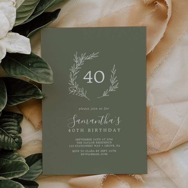 Minimal Leaf | Dark Green 40th Birthday Invitation (Creator Uploaded)