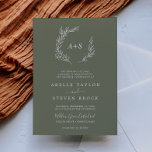Minimal Leaf | Dark Green Formal Monogram Wedding Invitation<br><div class="desc">This minimal leaf dark green formal monogram wedding invitation is perfect for a boho wedding. The design features a simple greenery leaf silhouette in olive green with minimalist mountain bohemian style. Personalise with the first initials of the bride and groom.</div>