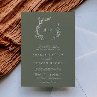 Minimal Leaf | Dark Green Formal Monogram Wedding Invitation