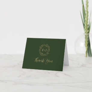Minimal Leaf Dark Green Formal Monogram Wedding Thank You Card