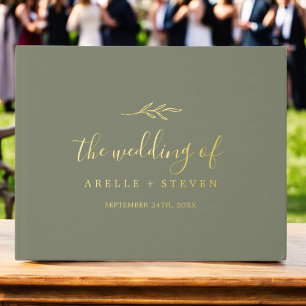 Minimal Leaf Dark Green Gold Foil Monogram Wedding Guest Book