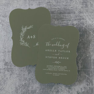 Minimal Leaf Dark Green Monogram Back Wedding Invitation