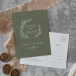 Minimal Leaf | Dark Green Save the Date Invitation Postcard<br><div class="desc">This minimal leaf dark green save the date postcard is perfect for a boho wedding. The design features a simple greenery leaf silhouette in olive green with minimalist mountain bohemian style.</div>